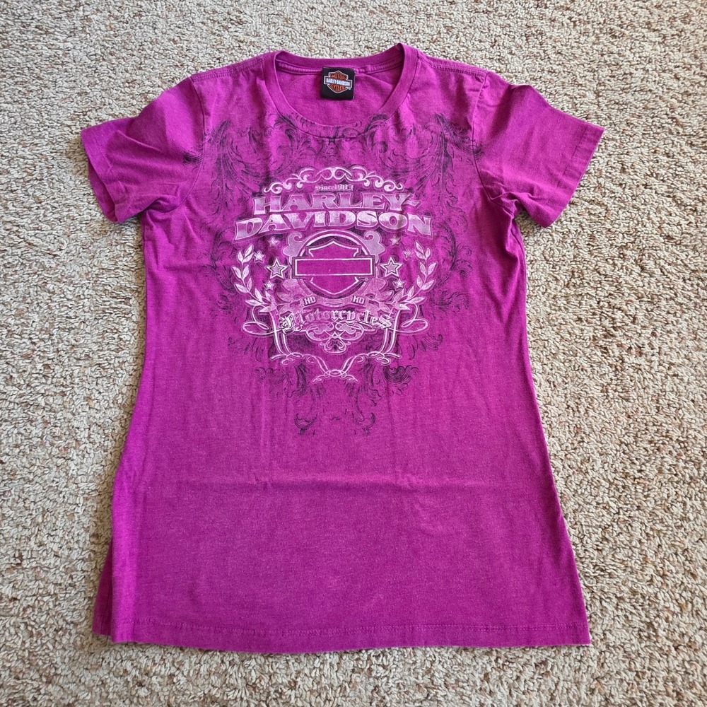 Harley Davidson Womens Magenta Purple Graphic T-Shirt Eastgate Cincinnati OH S